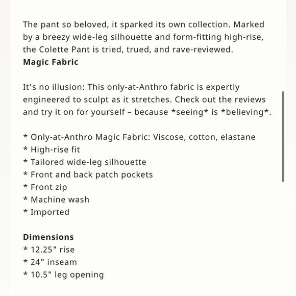 Anthropologie The Colette Cropped Wide-Leg Pants Magic Fabric Edition Sz 31 NWT - Picture 5 of 15